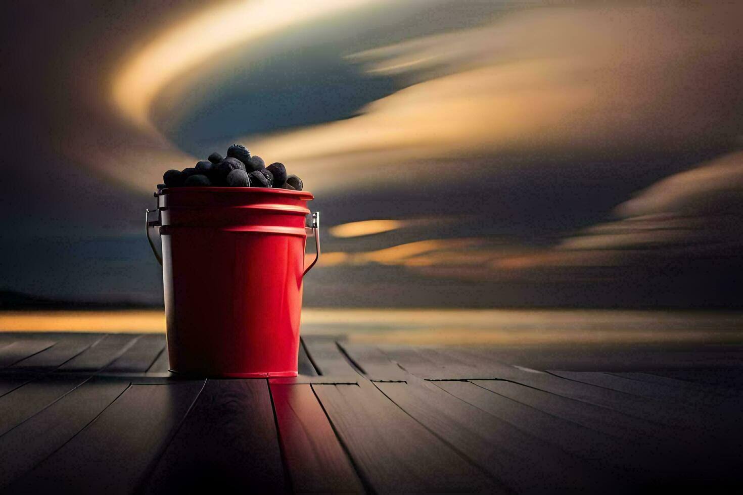 a bucket of blackberries on a dock. AI-Generated photo