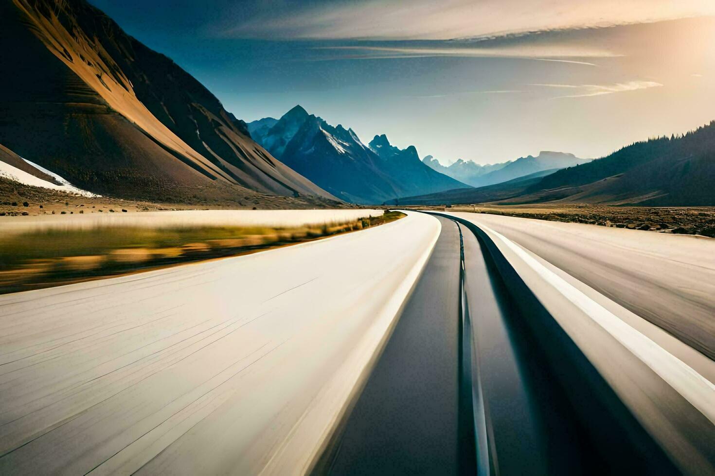 un coche conducción en un autopista en el montañas. generado por ai foto