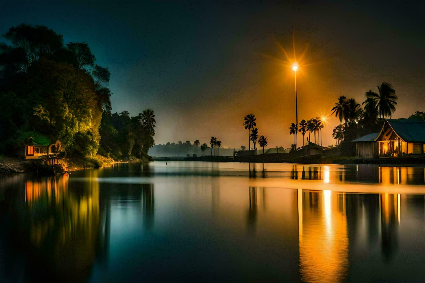 a river at night with palm trees and a light. AI-Generated photo