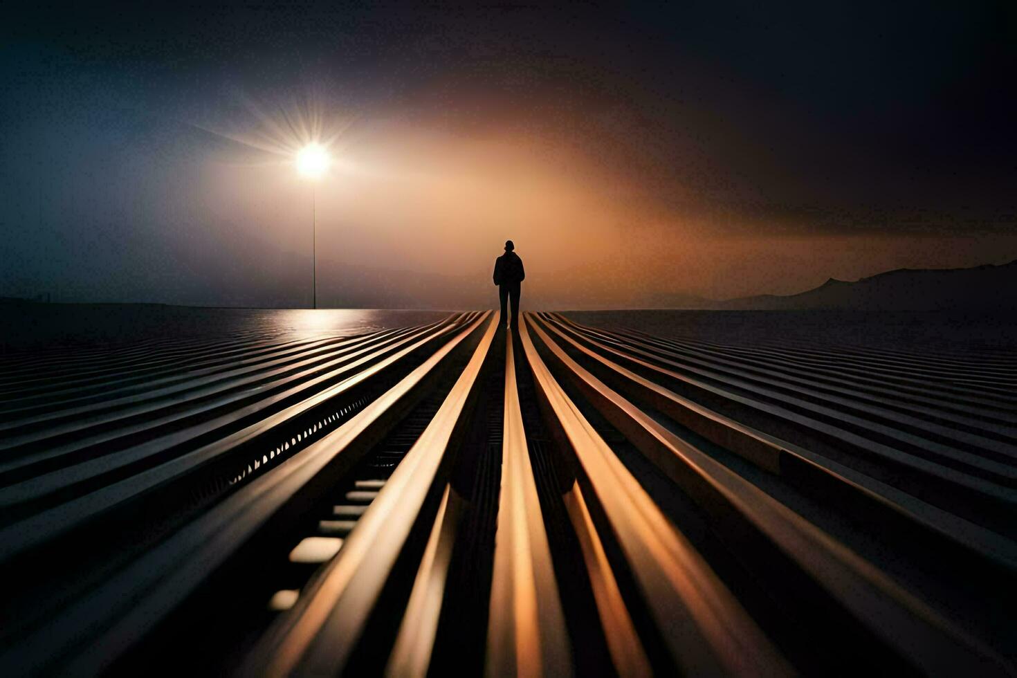 a man stands on a long line of railroad tracks. AI-Generated photo