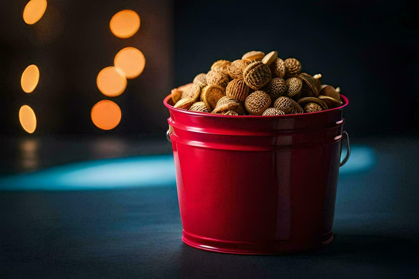 a red bucket filled with peanuts on a table. AI-Generated photo