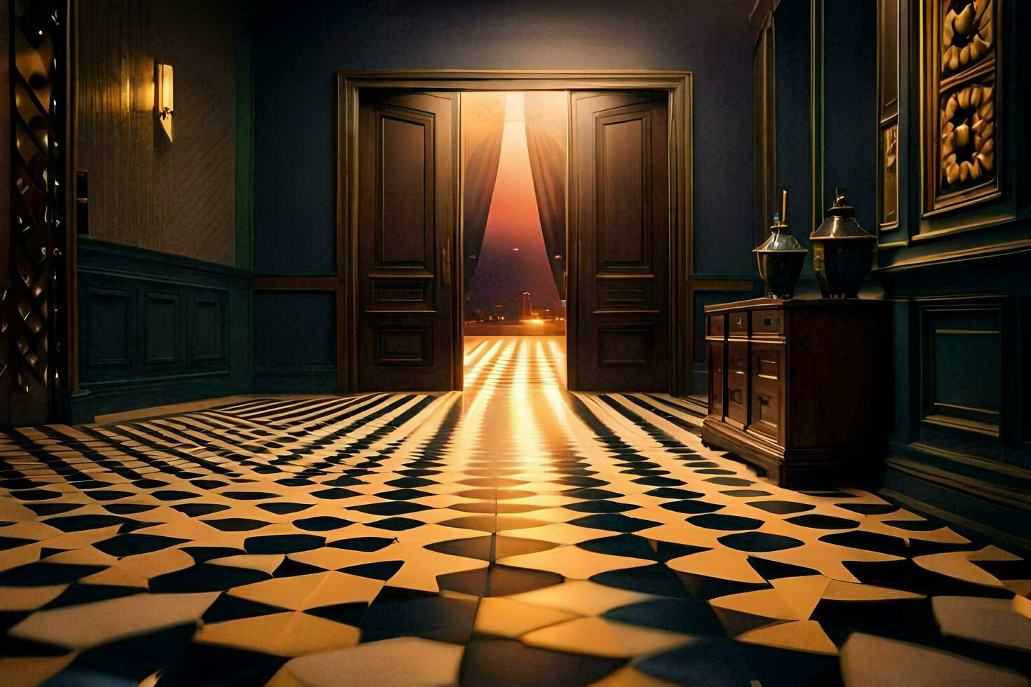 the hallway is decorated with a checkered floor and a door. AI-Generated photo