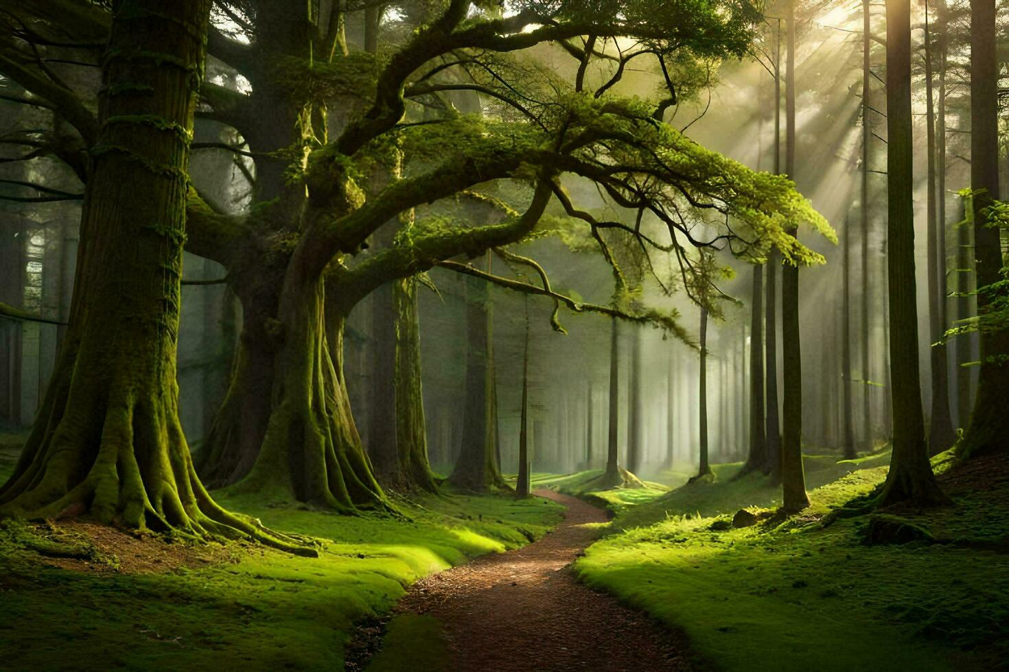 a path through a forest with trees and sunlight. AI-Generated photo