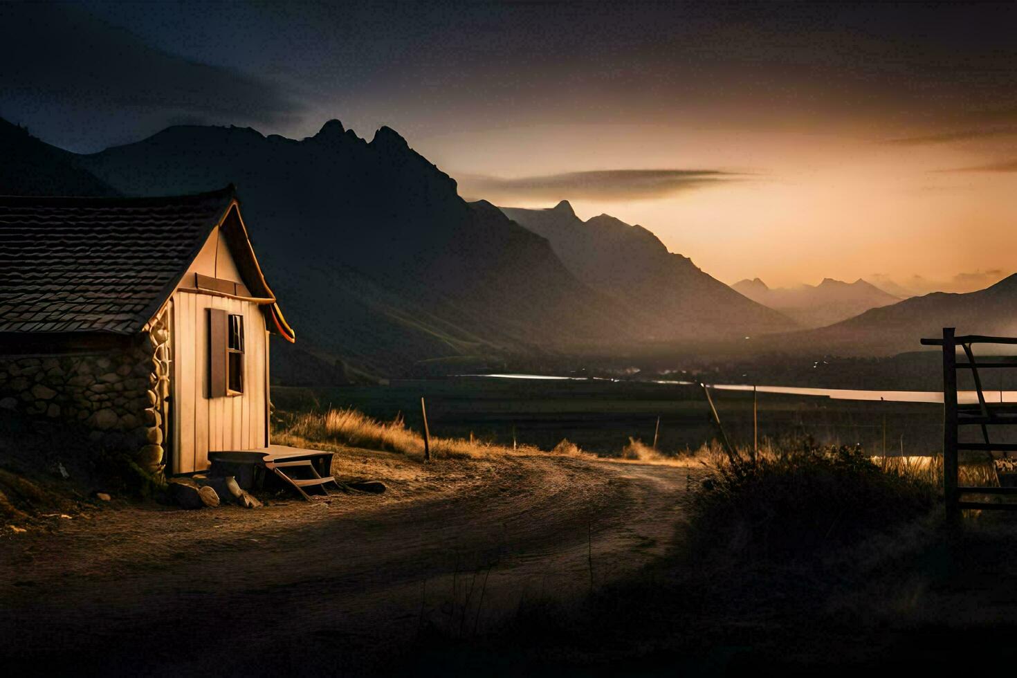 a small cabin in the middle of a field at sunset. AI-Generated photo