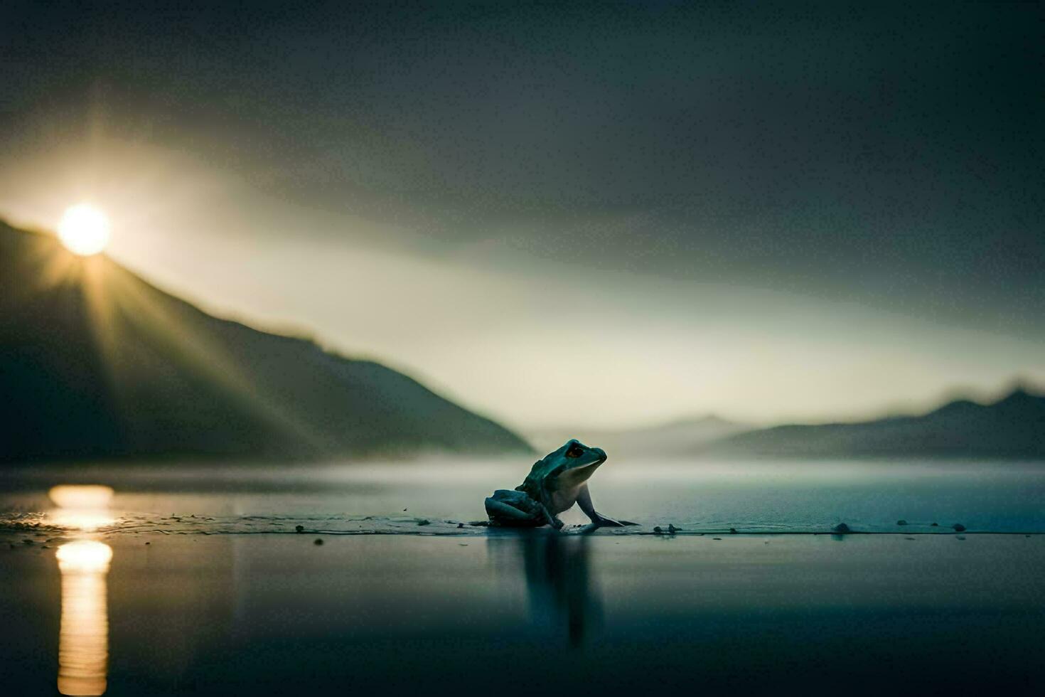 a frog sitting on the shore at sunset. AI-Generated photo