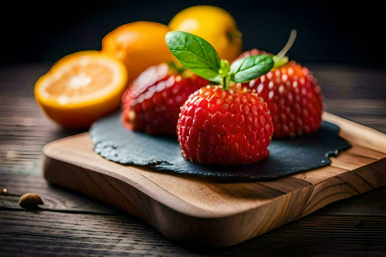 fresas y naranjas en un de madera corte tablero. generado por ai foto