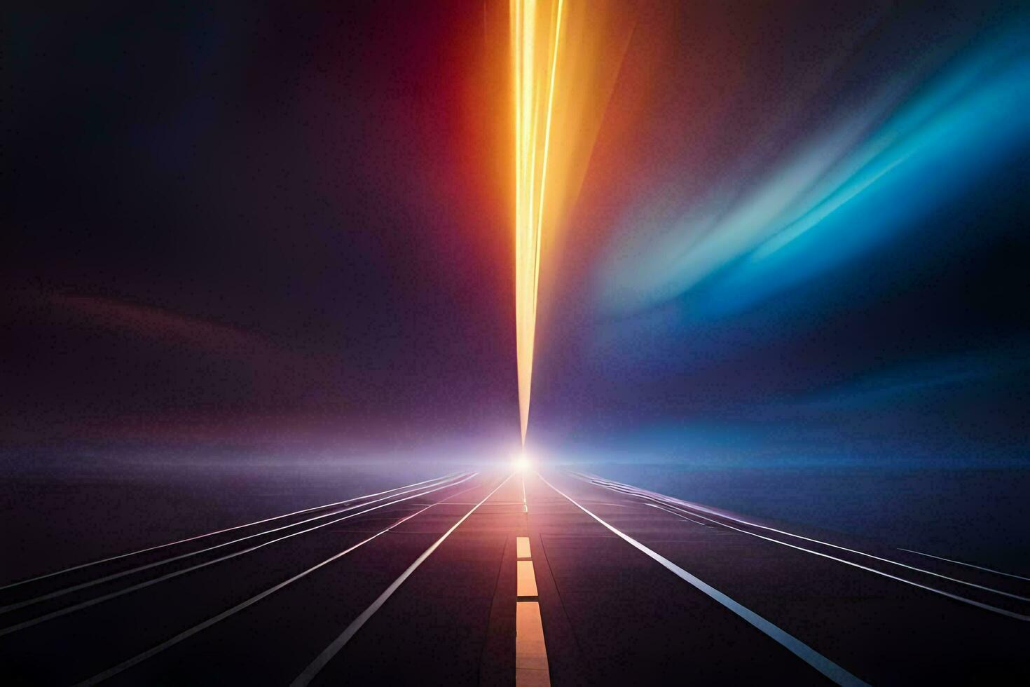 a long road with bright lights and a long line of cars. AI-Generated photo