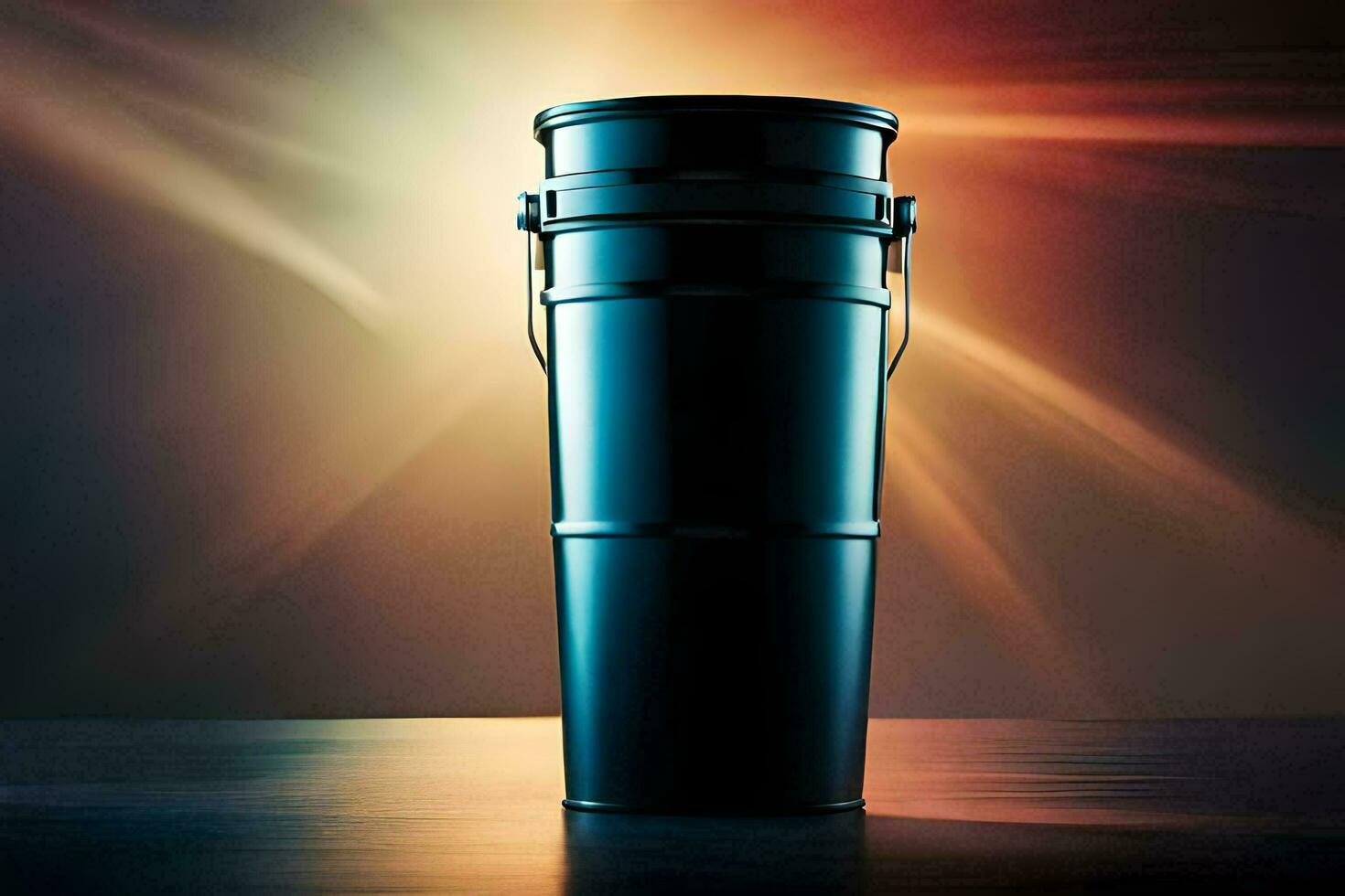 a black metal bucket on a table. AI-Generated photo