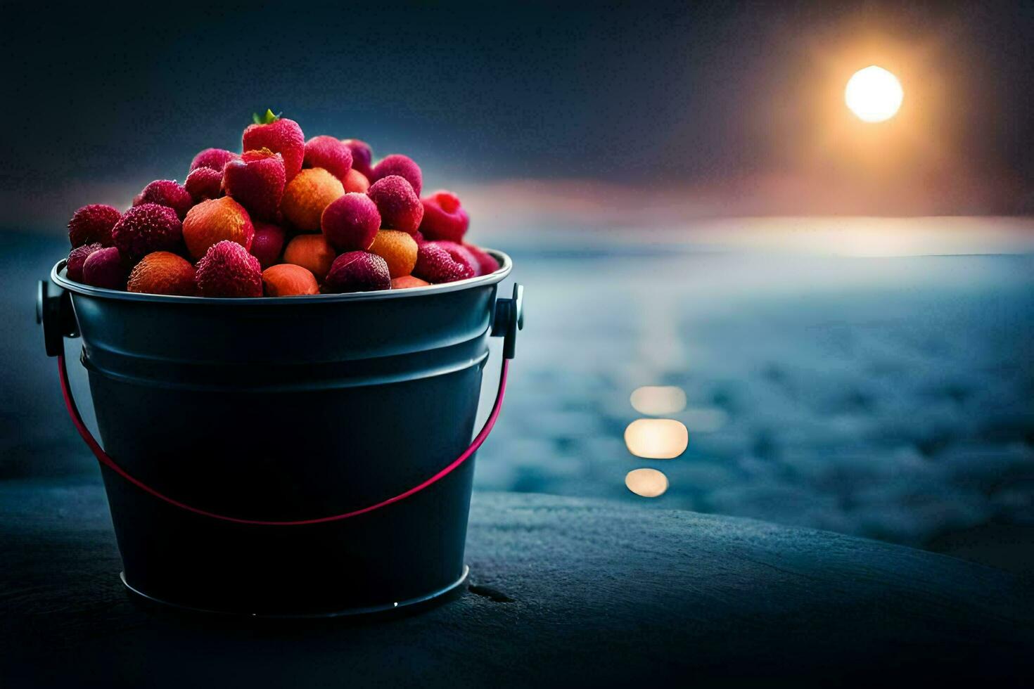 a bucket filled with raspberries on a beach. AI-Generated photo
