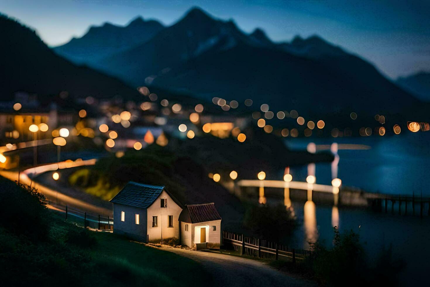 a small house sits on the side of a hill overlooking a lake. AI-Generated photo