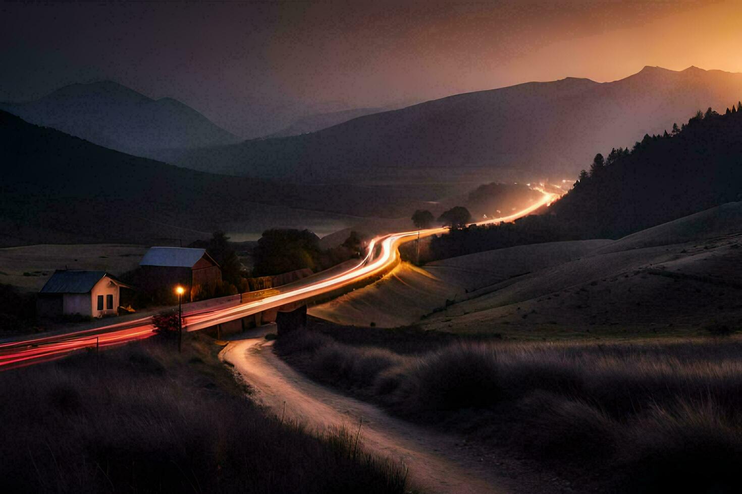 a long exposure photograph of a road and a house in the mountains. AI-Generated photo