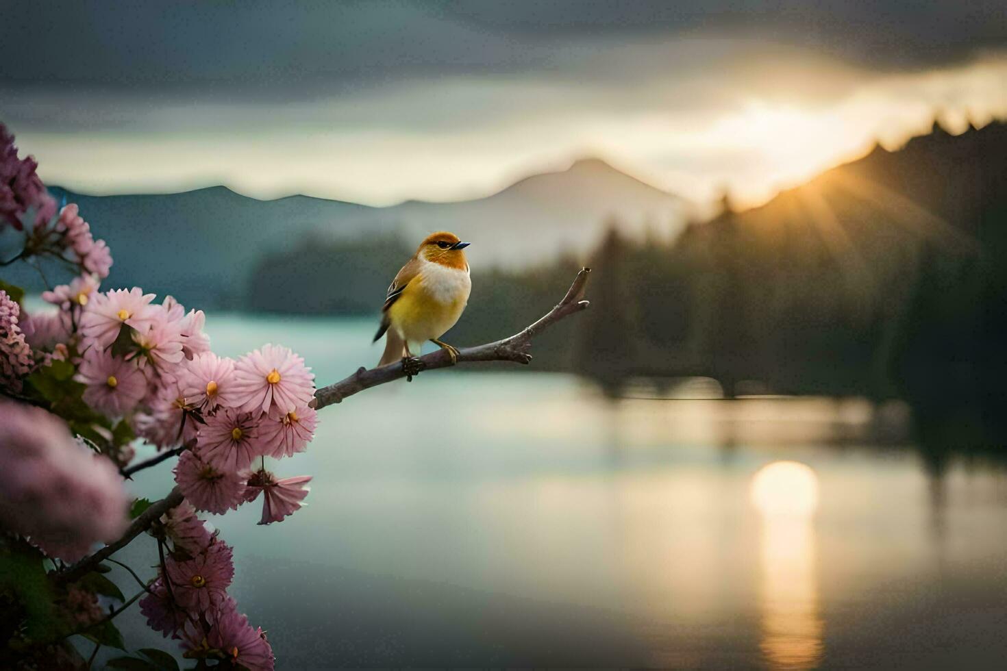 photo wallpaper the sky, bird, flowers, lake, mountains, sunset, bird, bird on. AI-Generated