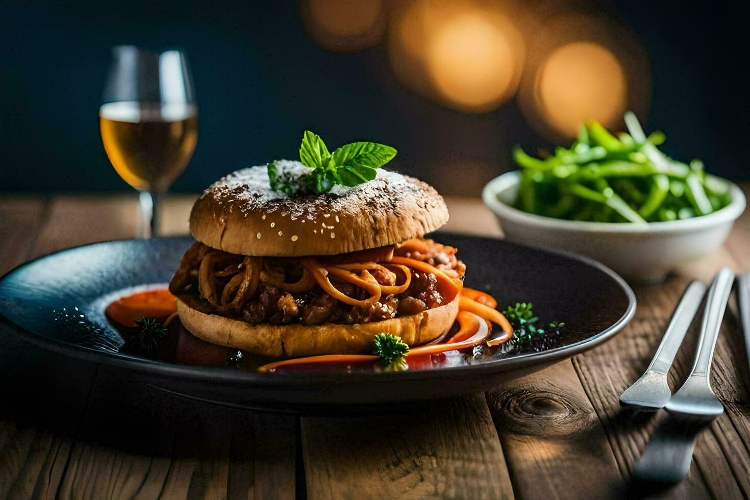 a burger with spaghetti on a plate. AI-Generated photo