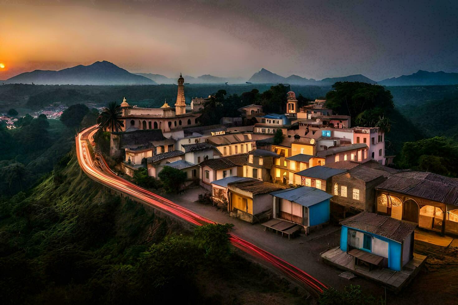 a village at sunset with a long exposure. AI-Generated photo