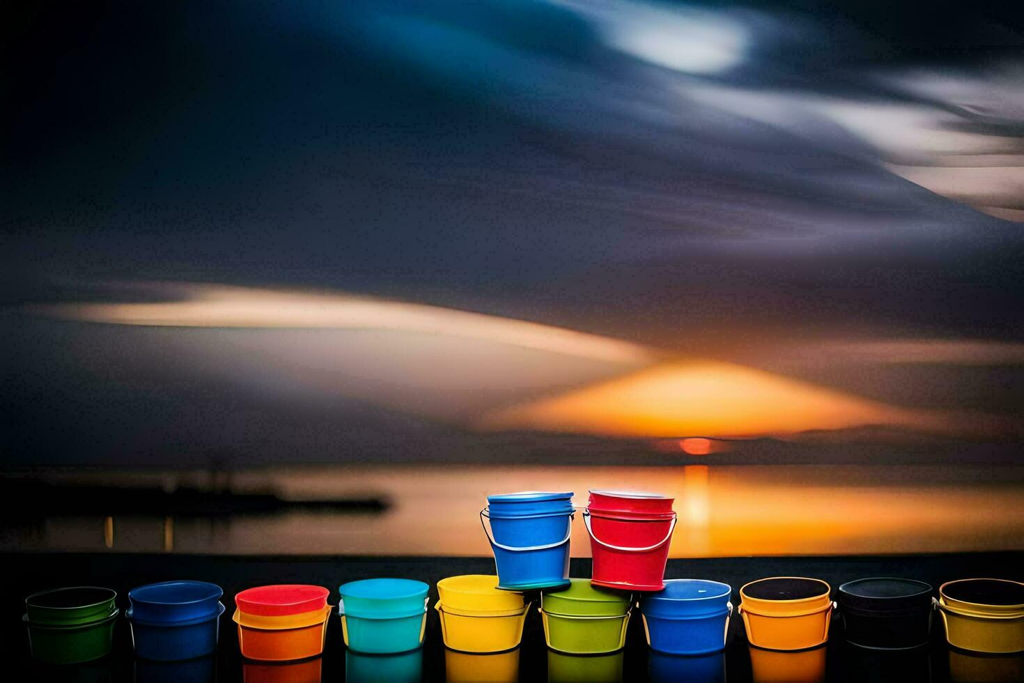 colorful buckets on a beach at sunset. AI-Generated photo