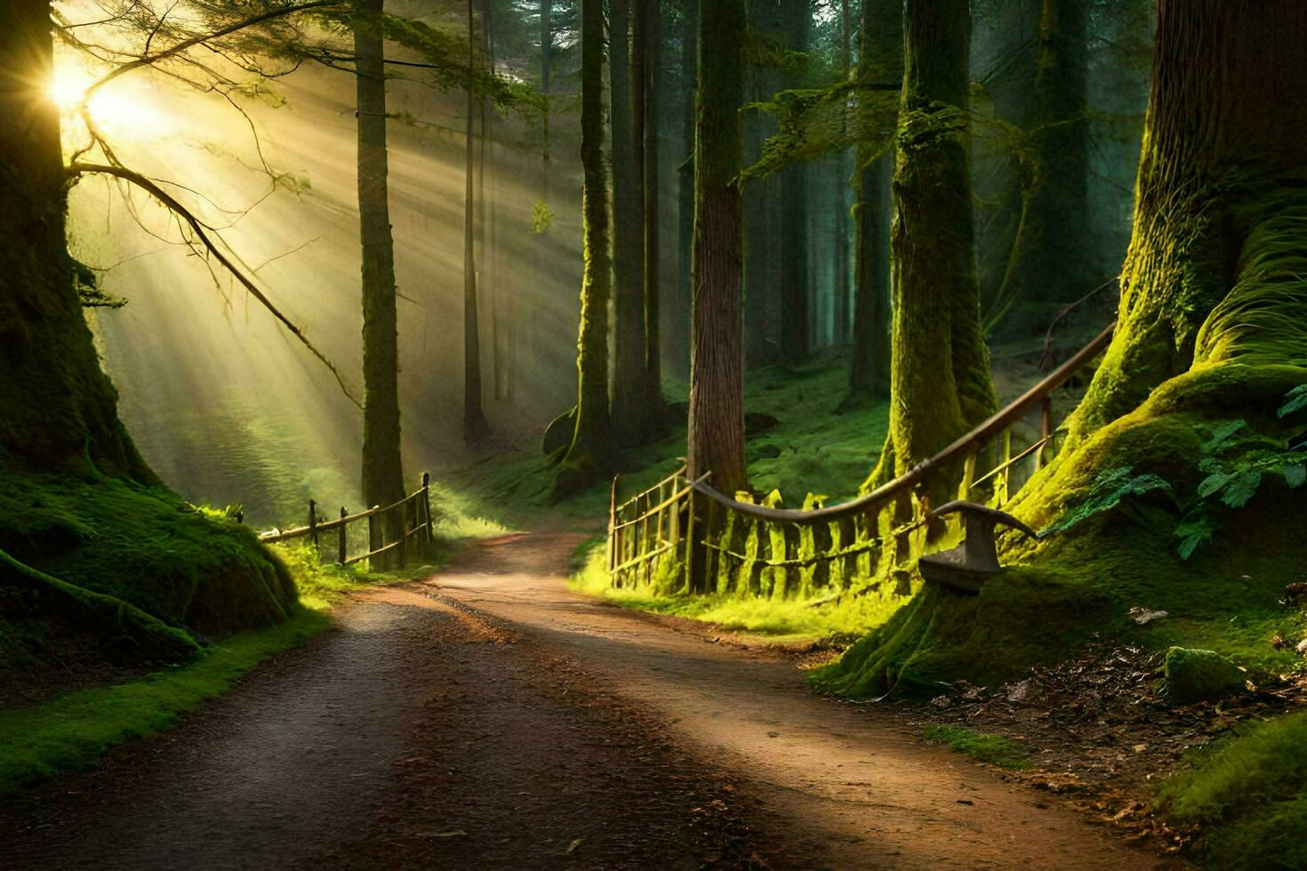 un camino mediante un bosque con rayos de sol brillante mediante el arboles generado por ai foto