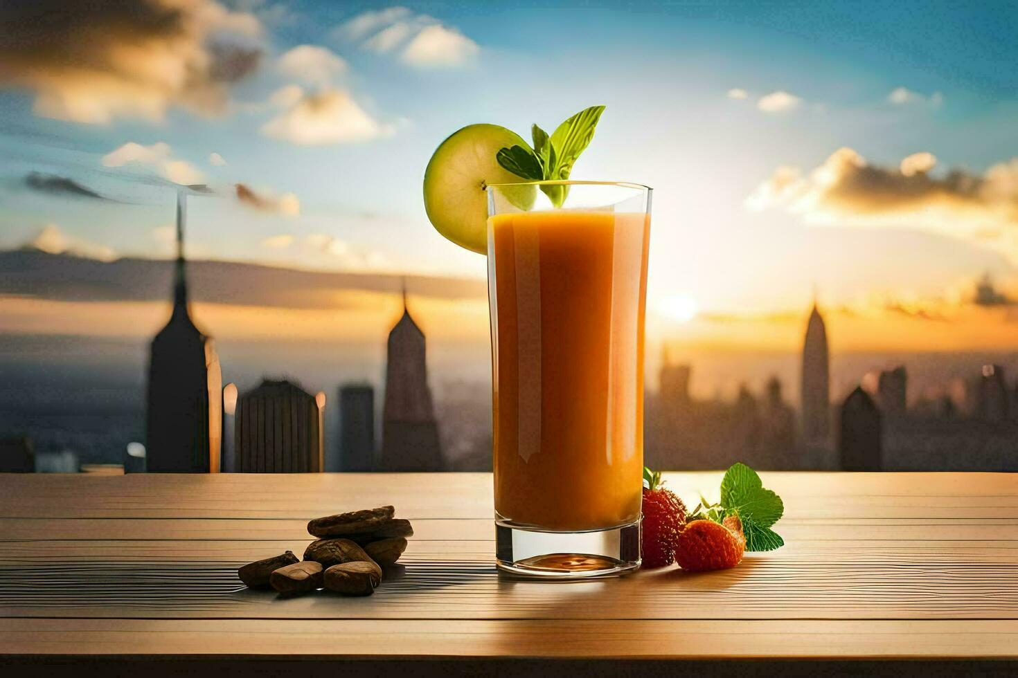 a glass of juice with a view of the city. AI-Generated photo