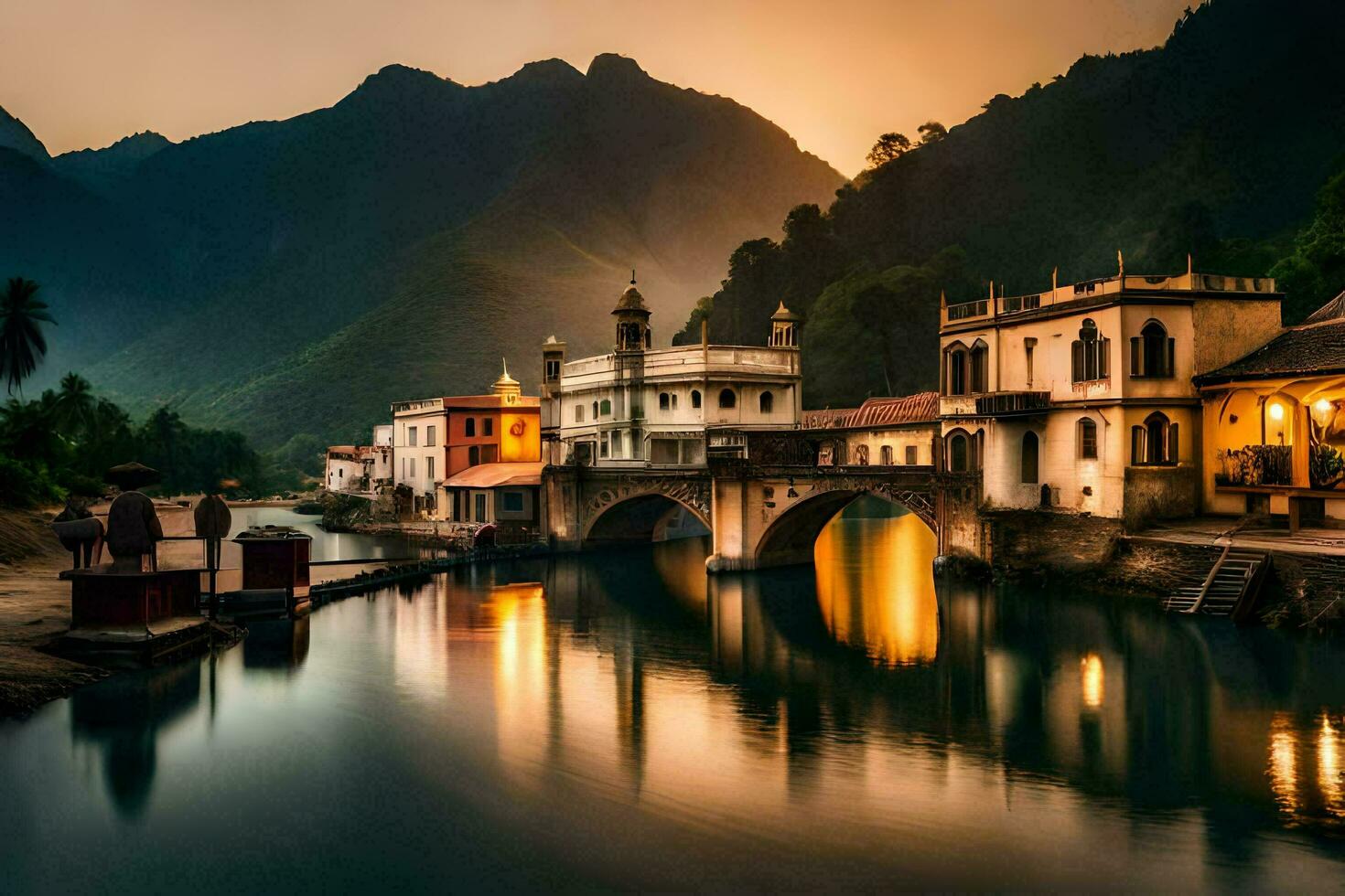 un río en el montañas con un puente y casas generado por ai foto