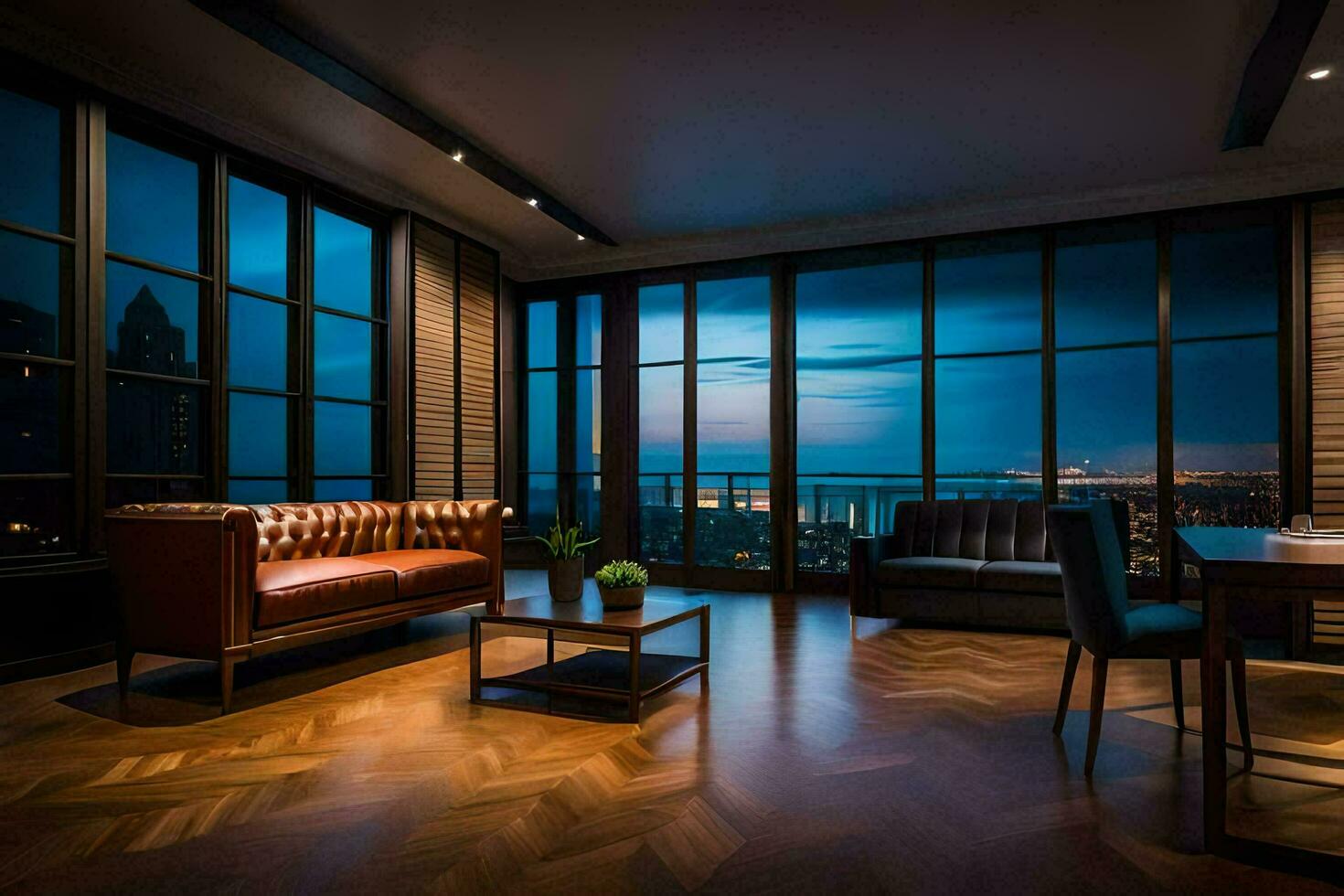 the living room has a view of the city at night. AI-Generated photo