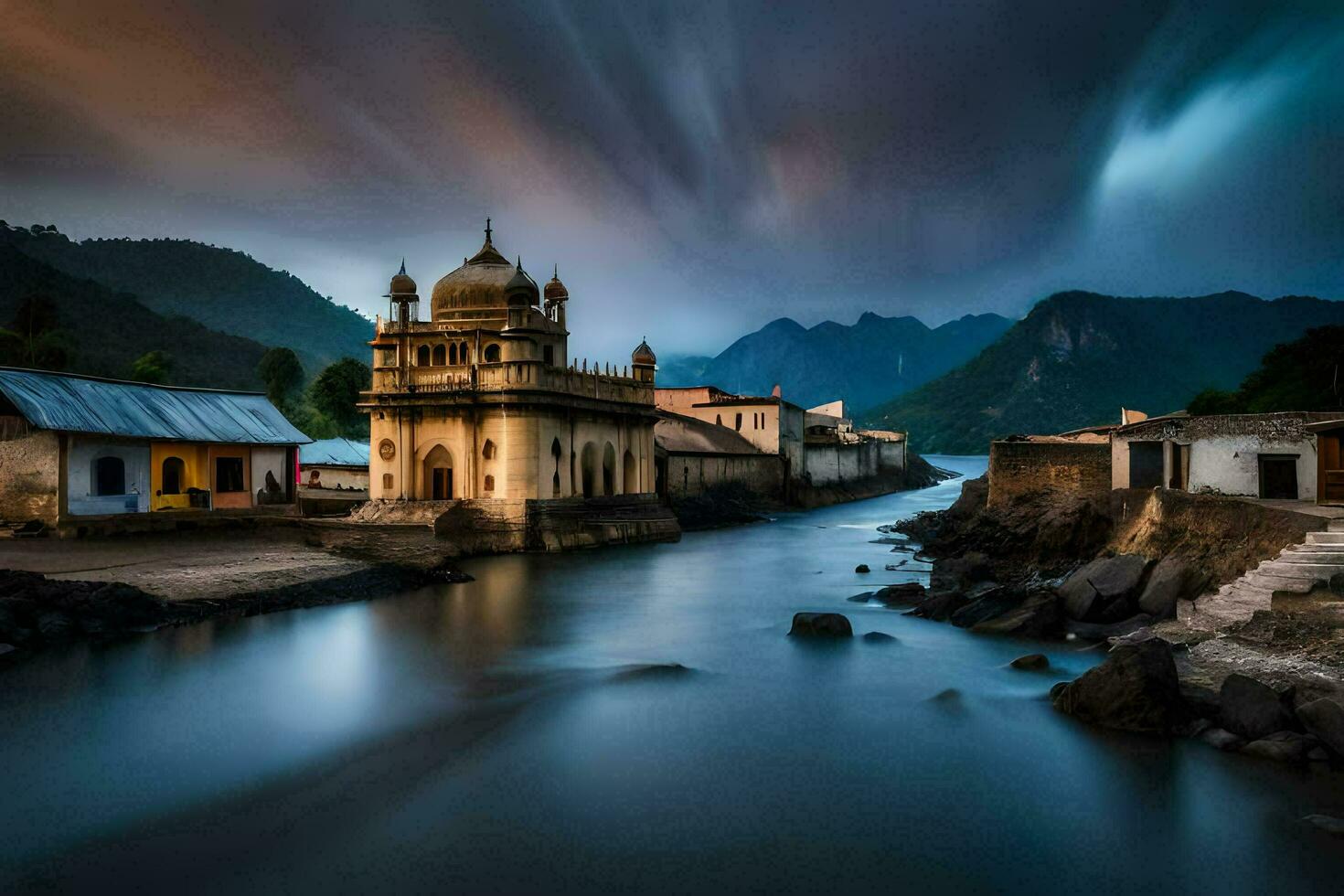 a long exposure photograph of a mosque in the middle of a river. AI-Generated photo