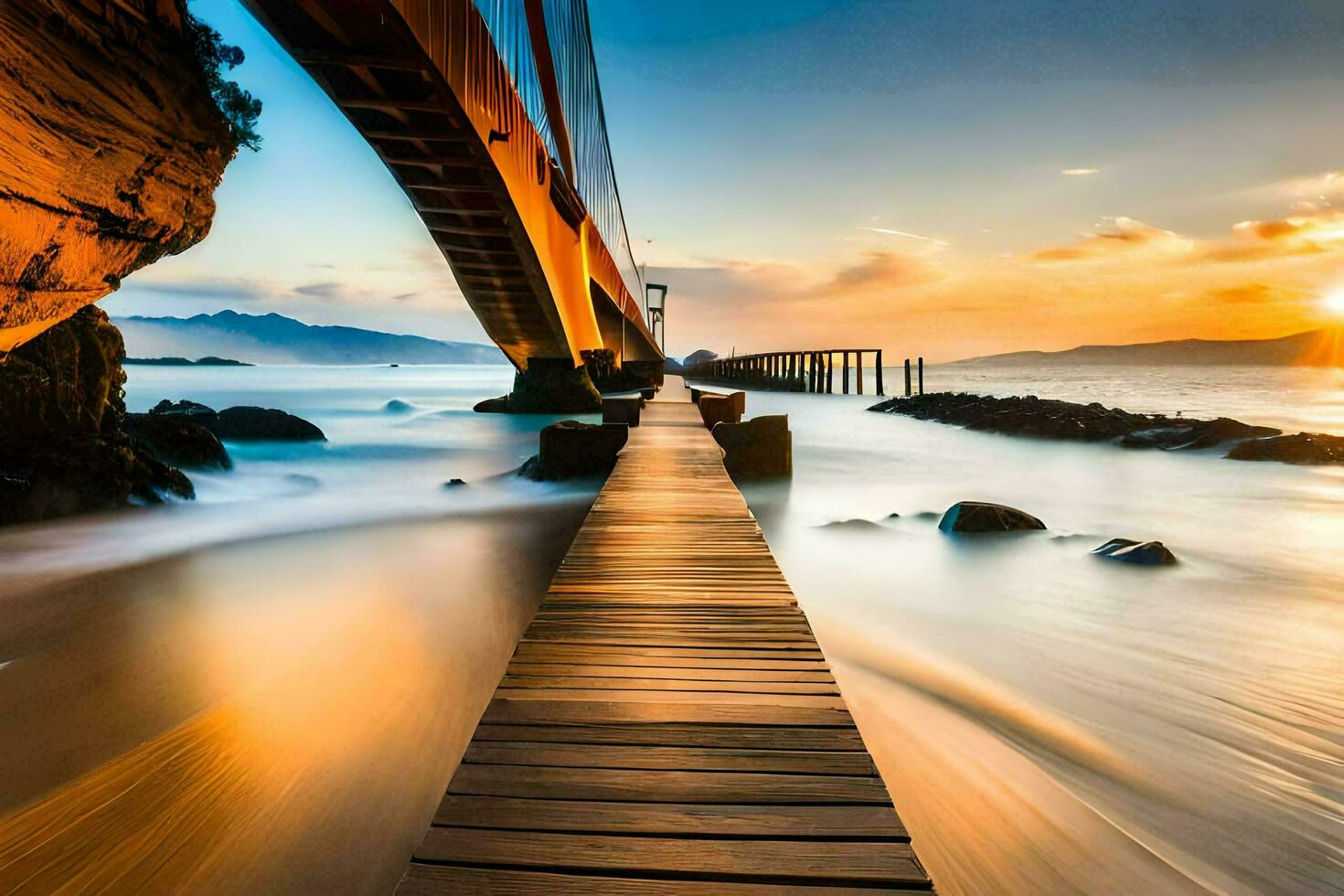 a wooden bridge over the ocean at sunset. AI-Generated photo