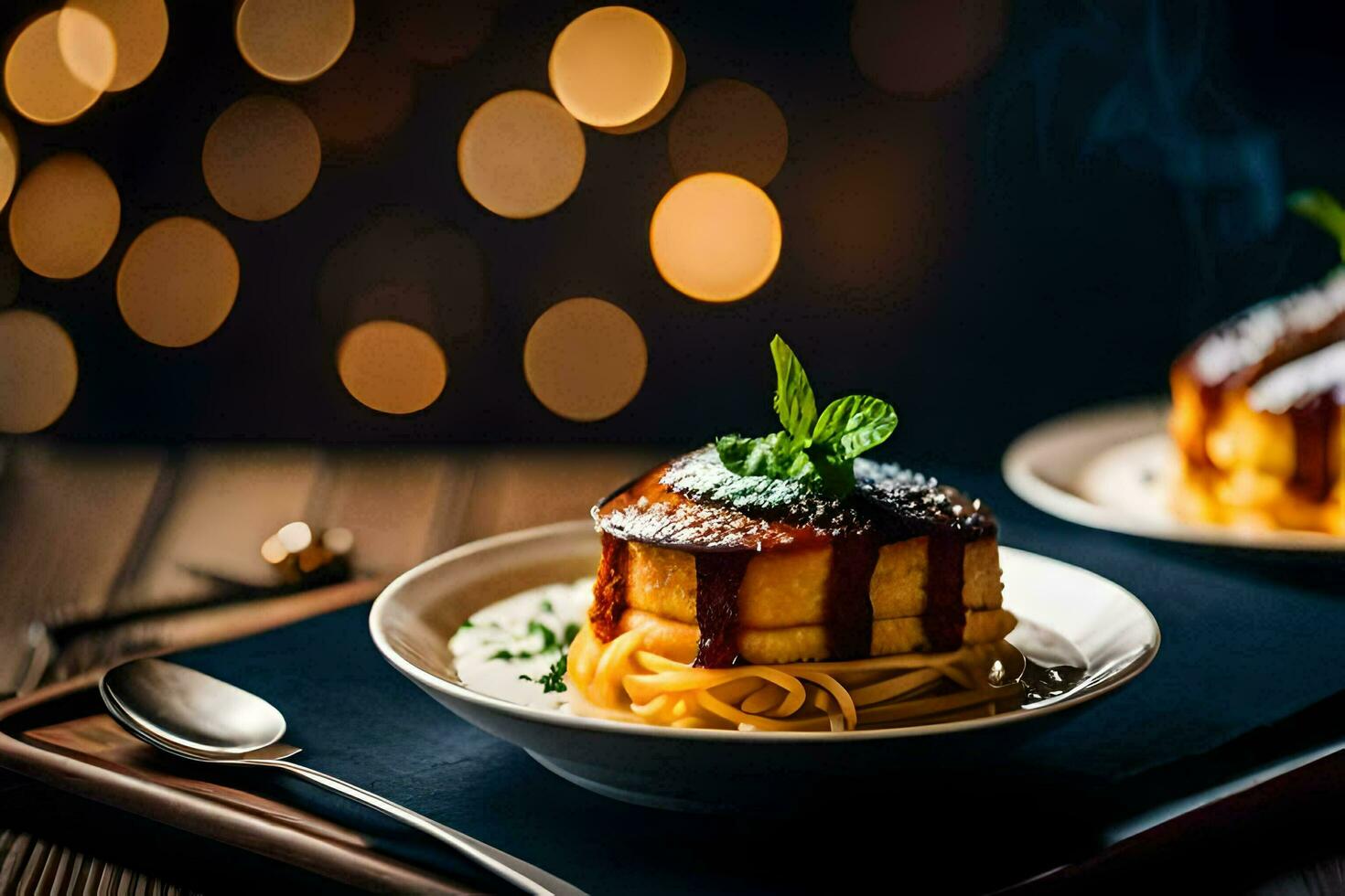 two plates with spaghetti and sauce on them. AI-Generated photo