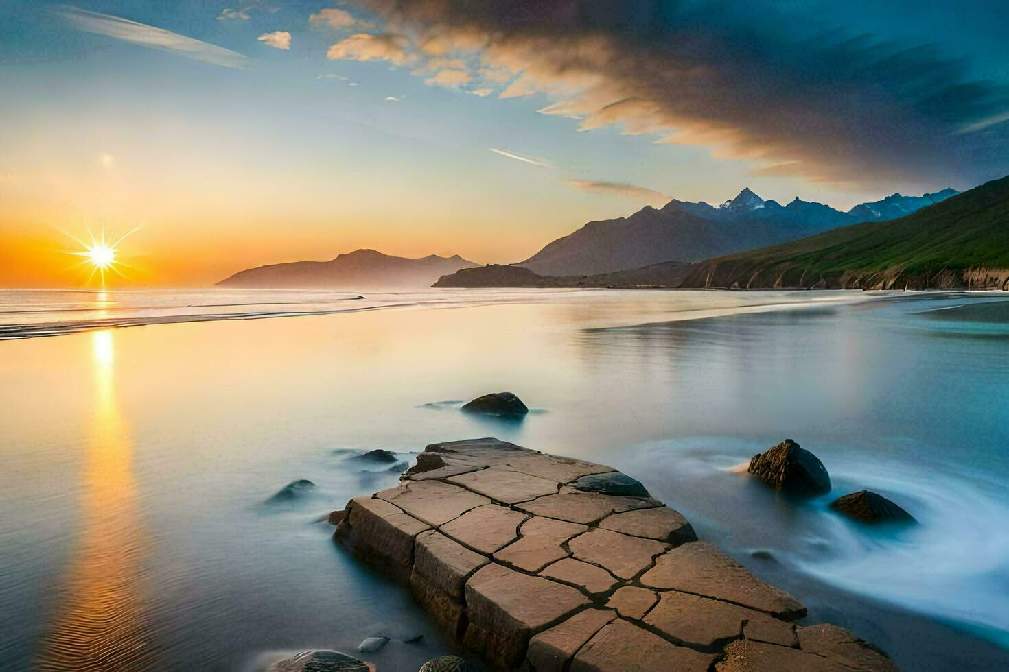 the sun sets over a rocky beach and mountains. AI-Generated photo