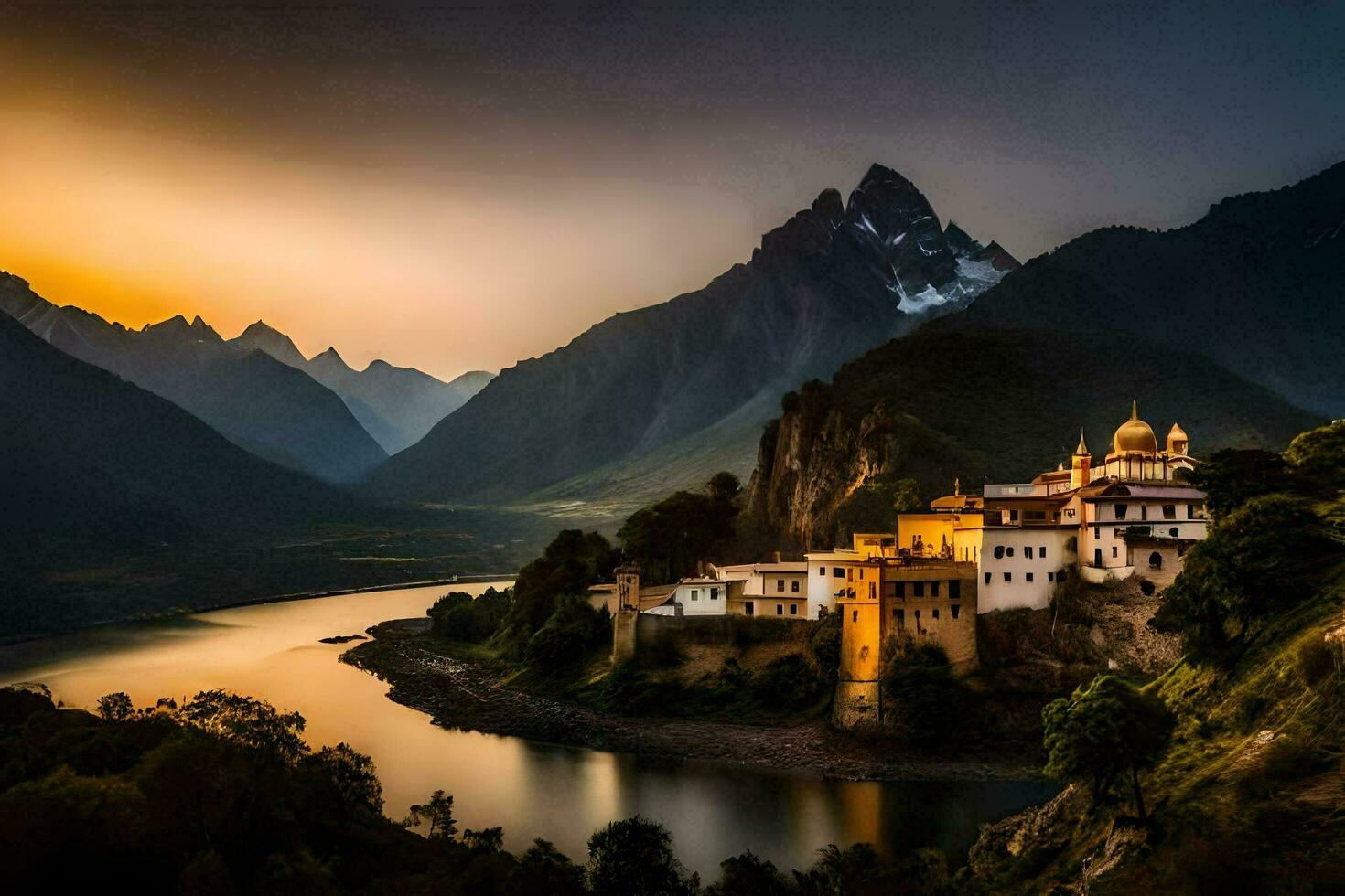 the monastery on the banks of a river at sunset. AI-Generated photo