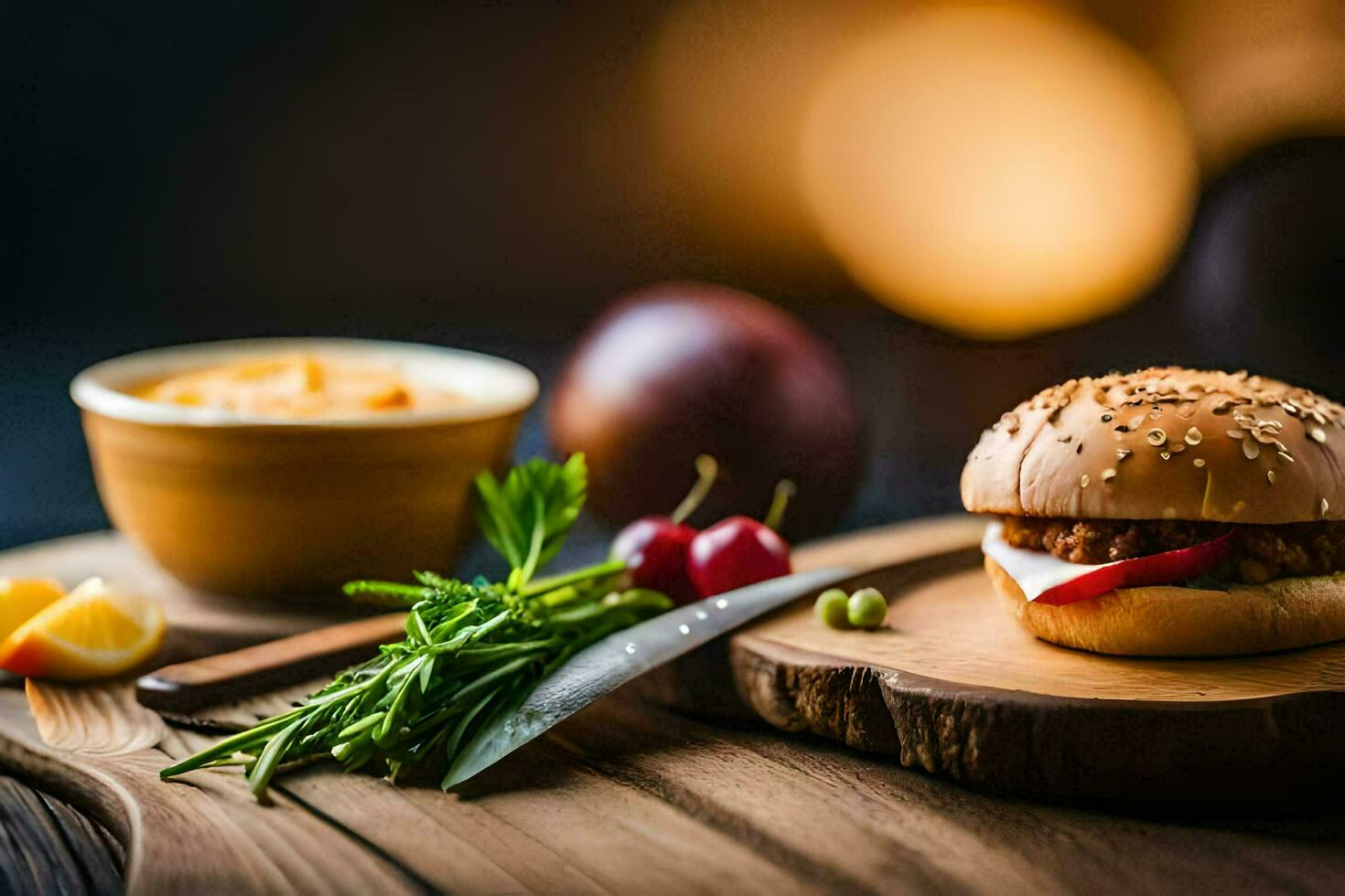 a hamburger and a bowl of soup on a wooden cutting board. AI-Generated photo