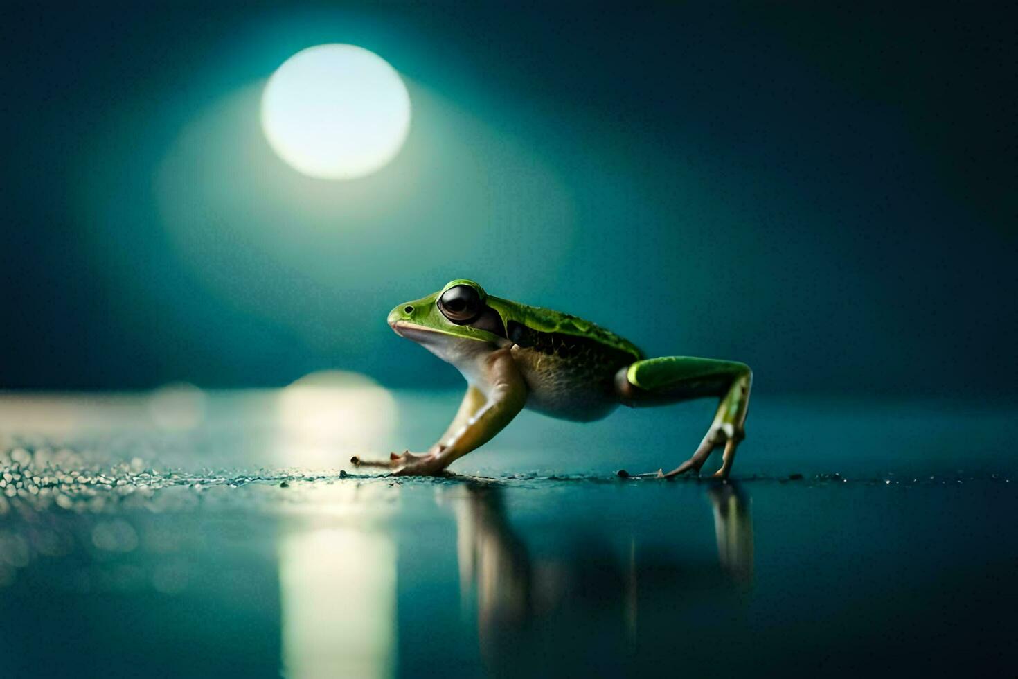 un rana es en pie en el suelo en frente de un lleno Luna. generado por ai foto