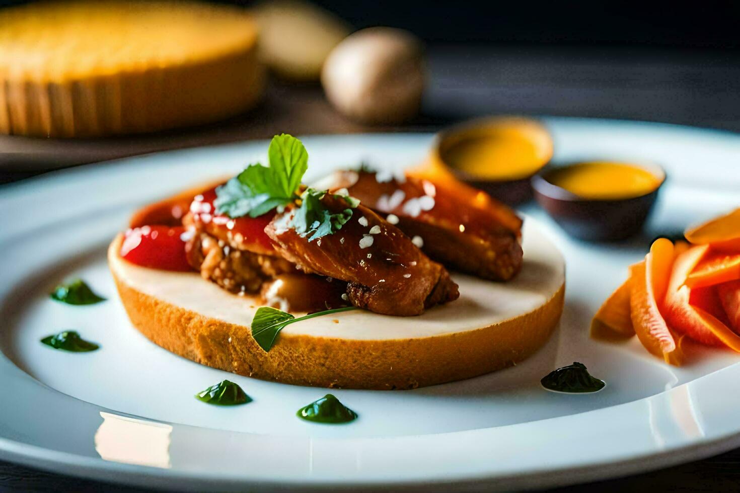 a plate with a piece of meat and vegetables. AI-Generated photo