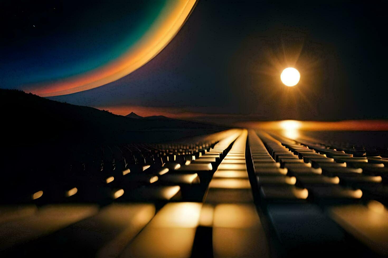 a long, dark road with a bright moon in the background. AI-Generated photo