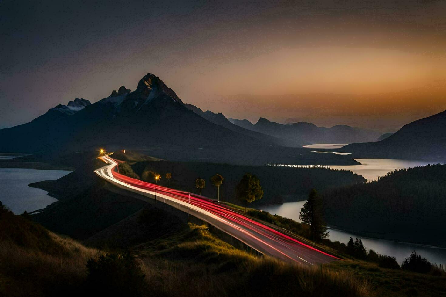 a long exposure photograph of a road and mountains at sunset. AI-Generated photo