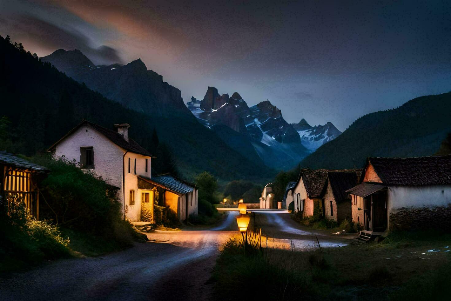 un la carretera en el montañas a noche. generado por ai foto