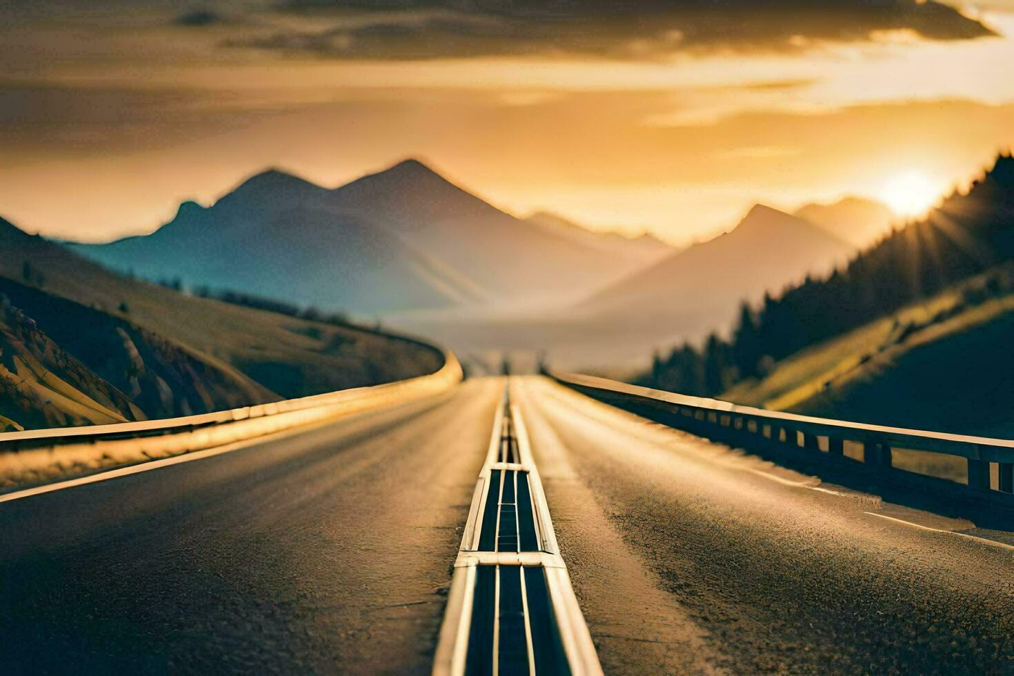 a highway with the sun setting behind it. AI-Generated photo