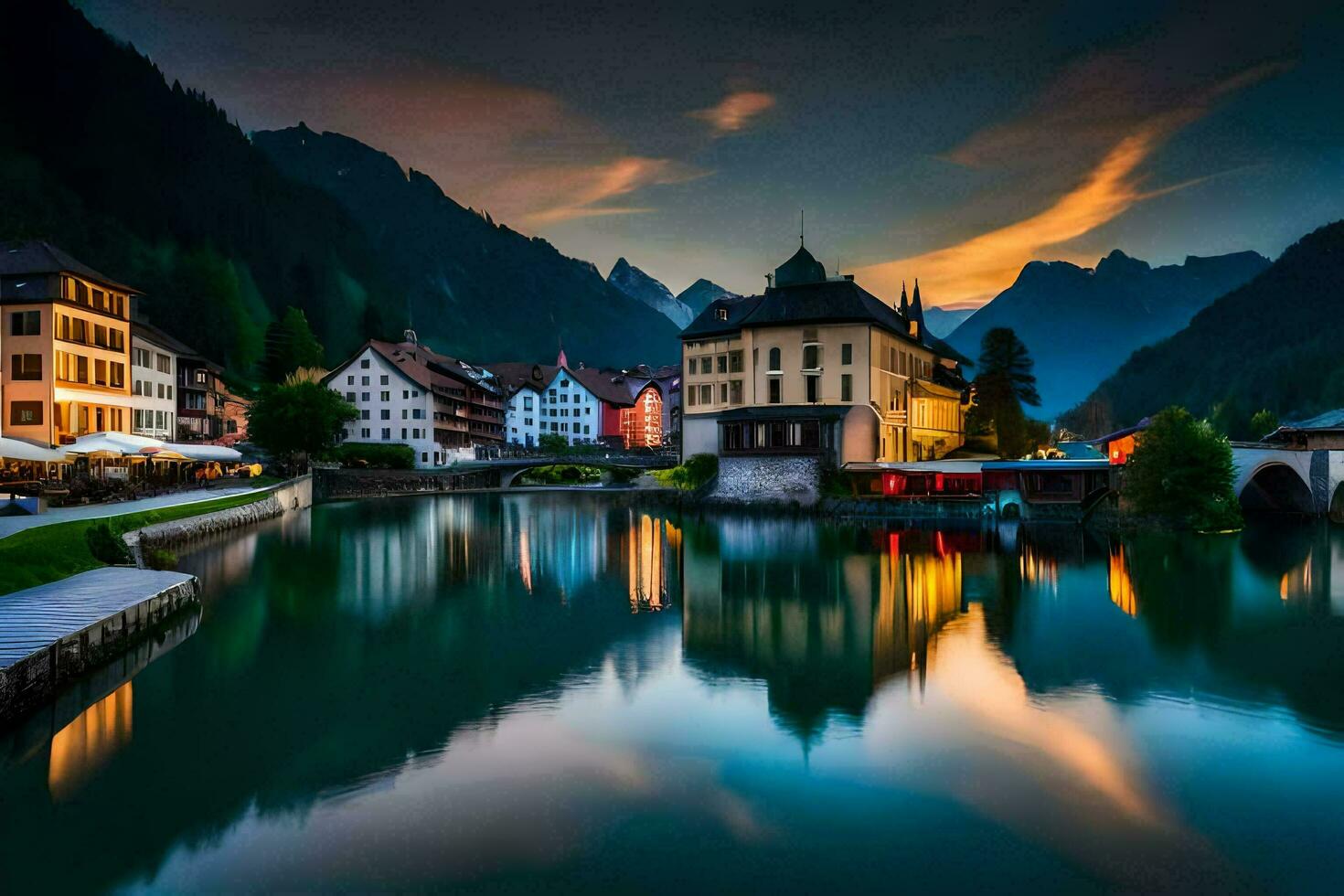 el pueblo de Altenburg en el Alpes a oscuridad. generado por ai foto