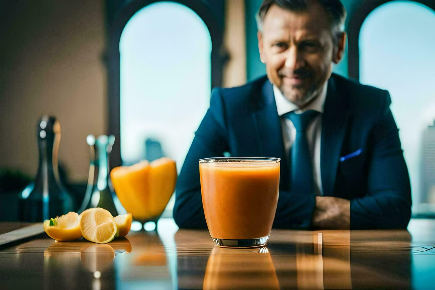 a man in a suit sitting at a table with a glass of orange juice. AI-Generated photo