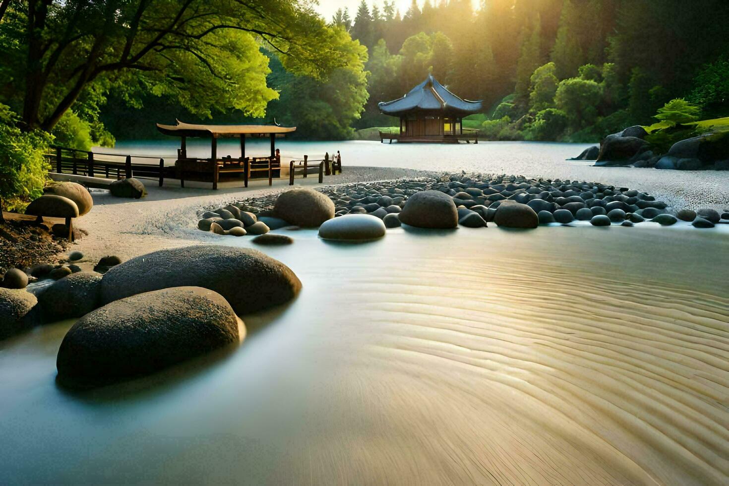 a japanese pagoda sits on the shore of a river. AI-Generated photo