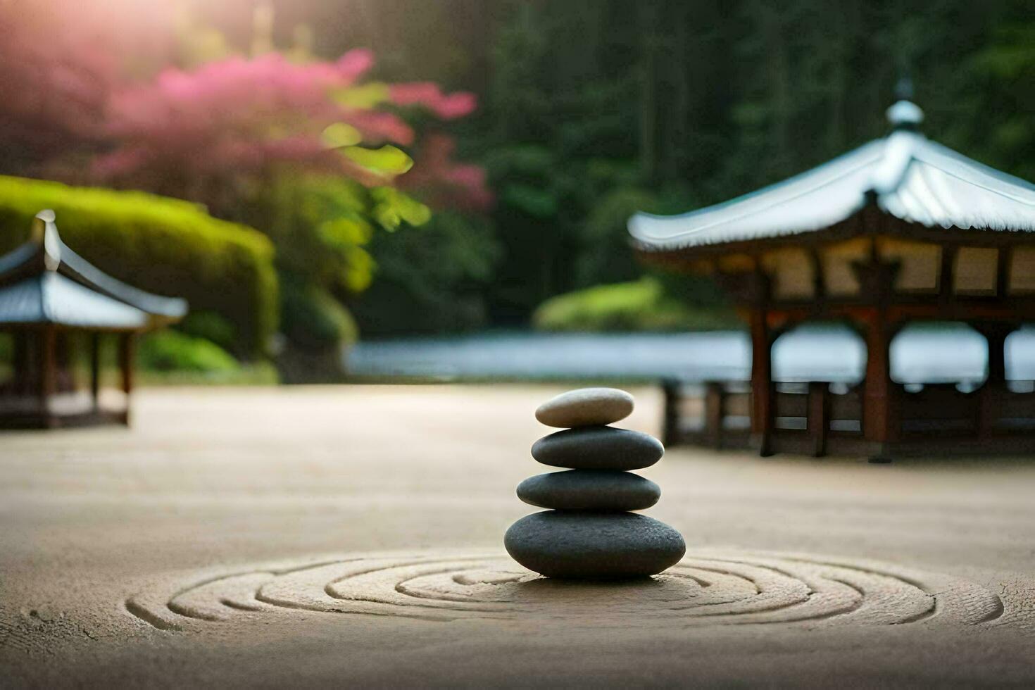 a zen garden with stones and a pagoda in the background. AI-Generated photo
