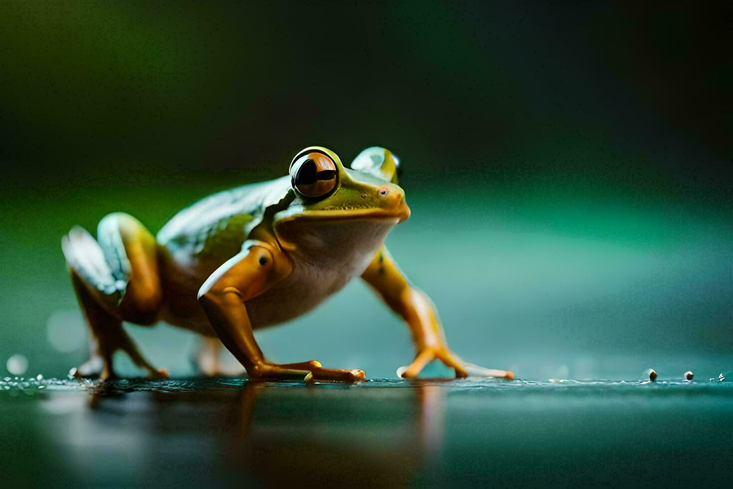 a frog is standing on a wet surface. AI-Generated photo