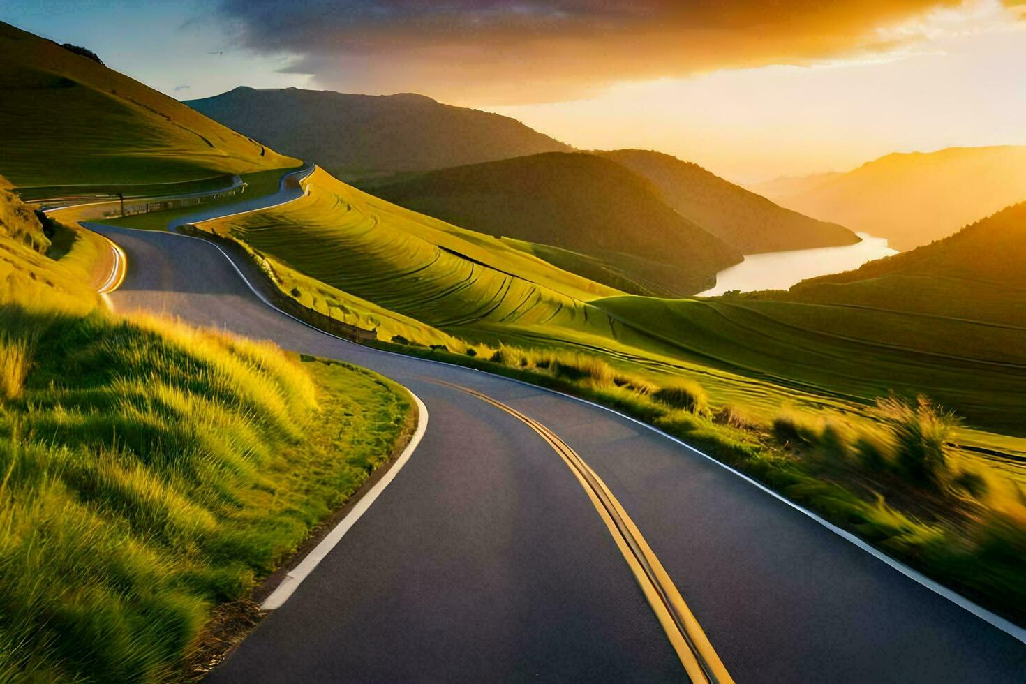 a winding road in the mountains at sunset. AI-Generated photo
