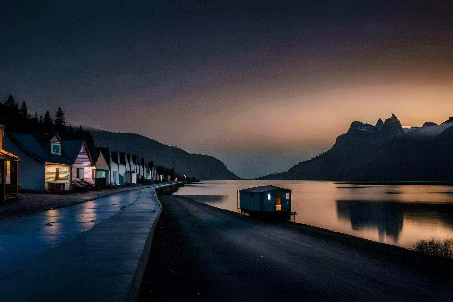 a lake and houses in the background at sunset. AI-Generated photo