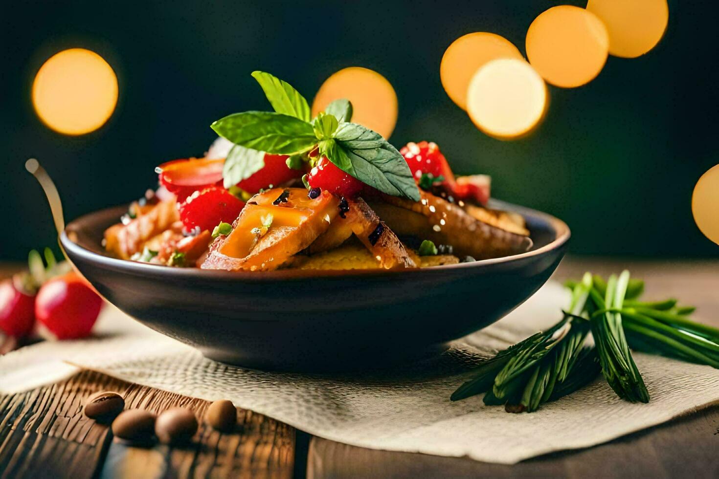 un plato de comida con cerezas y menta hojas. generado por ai foto