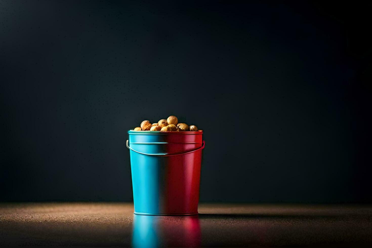 a bucket of peanuts on a dark table. AI-Generated photo