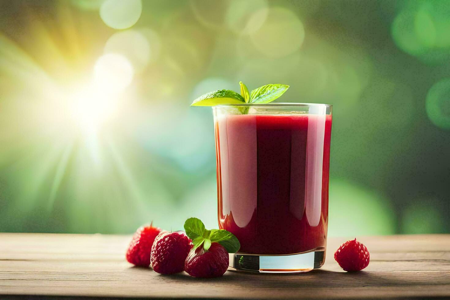 raspberry juice in a glass on a wooden table. AI-Generated photo