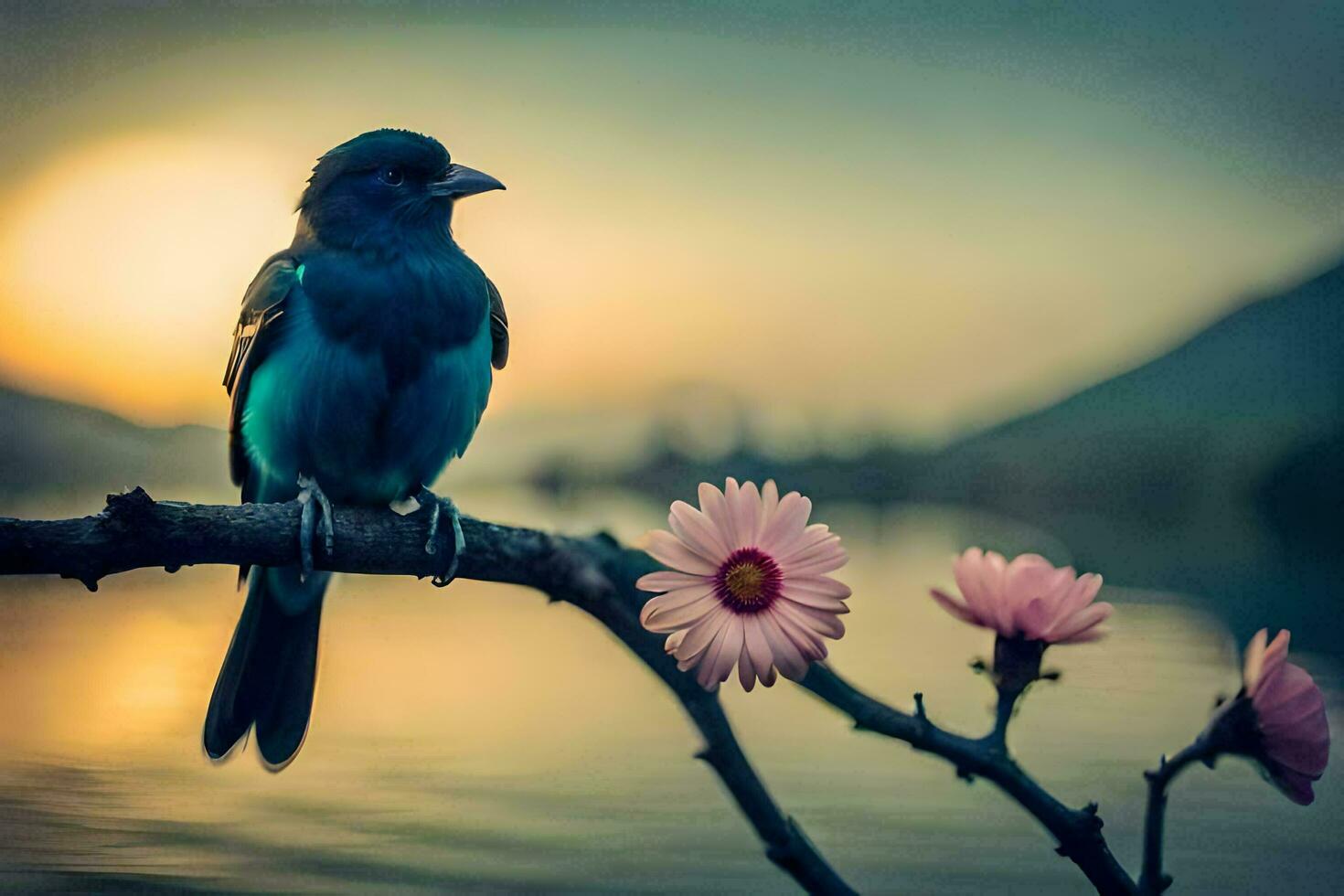 a blue bird sits on a branch near a lake. AI-Generated photo