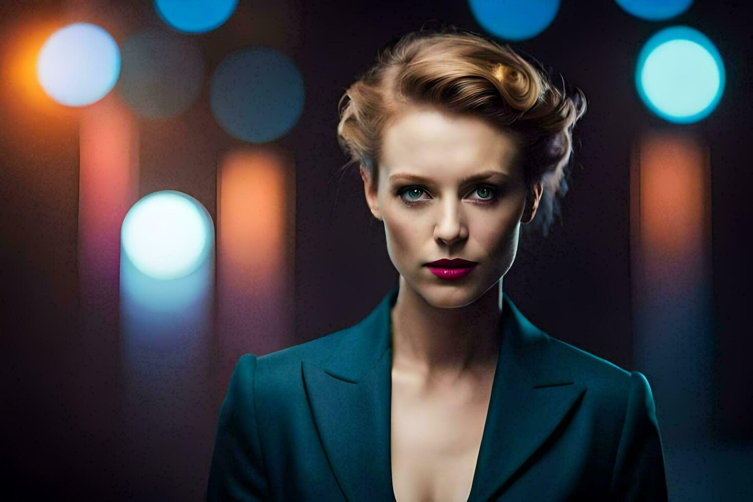 a woman in a suit and red lipstick. AI-Generated photo