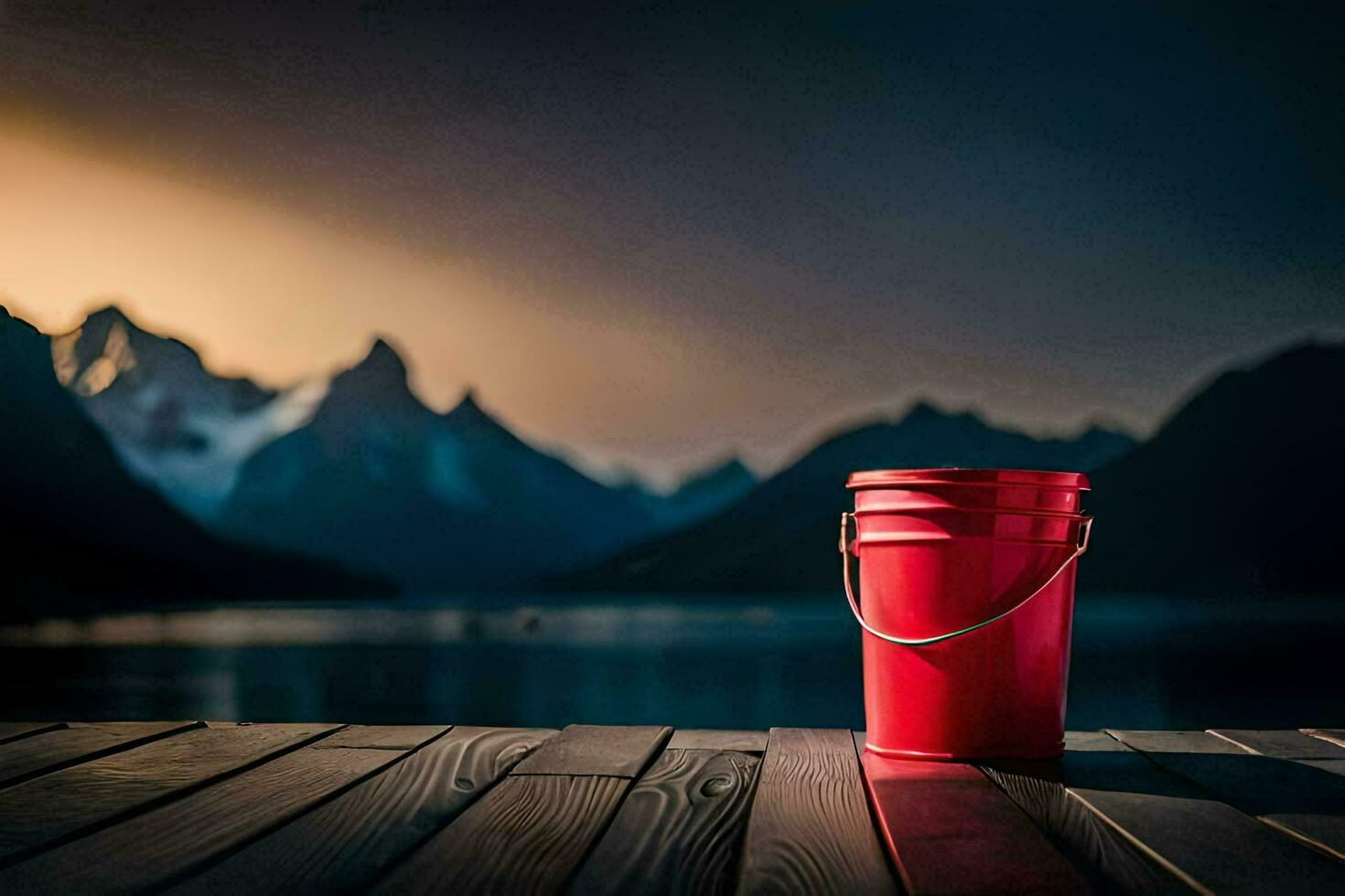 a red bucket on a wooden deck overlooking a lake. AI-Generated photo