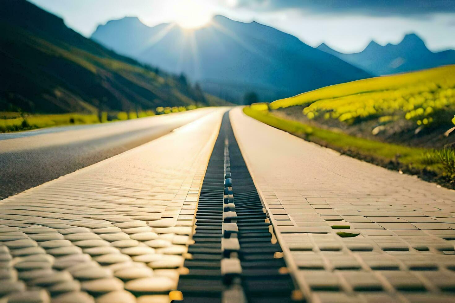 un la carretera con un largo línea de ladrillos generado por ai foto