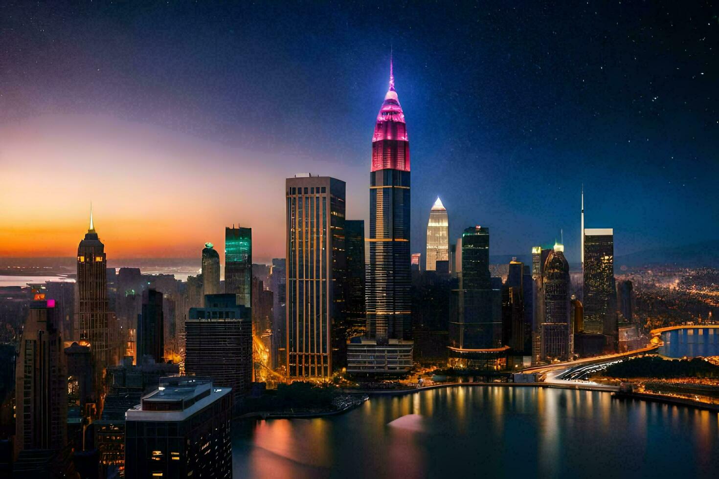 el Manhattan horizonte a noche con un estrellado cielo. generado por ai foto